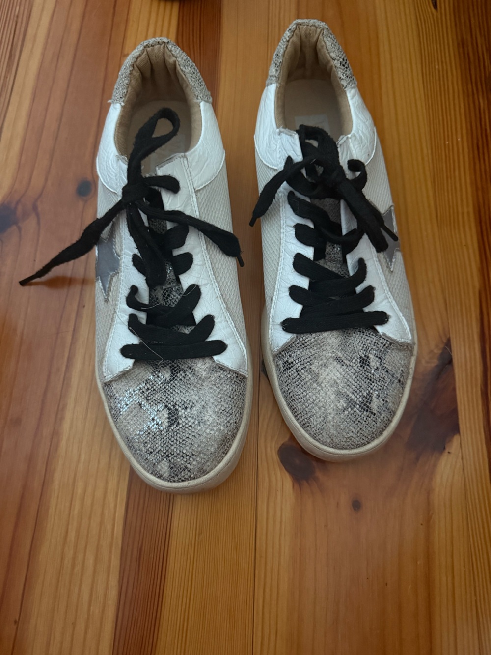 White Sneakers with Snake-Print Toe and Black Laces